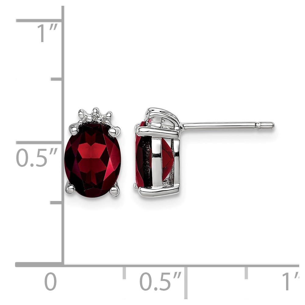 Sterling Silver Rhodium Plated Oval Garnet and Diamond Post Earrings (QDX613)