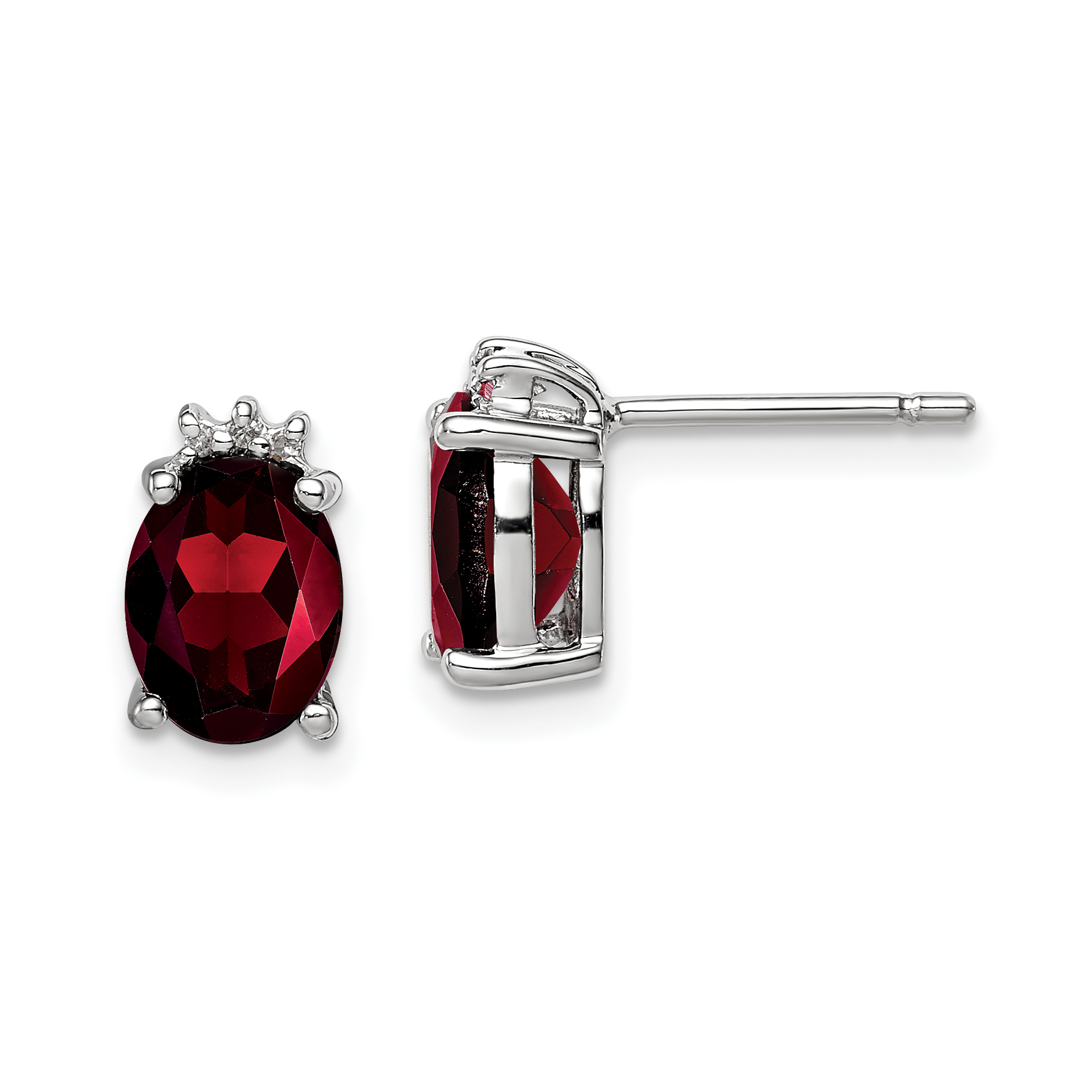 Sterling Silver Rhodium Plated Oval Garnet and Diamond Post Earrings (QDX613)