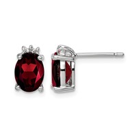 Sterling Silver Rhodium Plated Oval Garnet and Diamond Post Earrings view 1