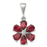 Sterling Silver Rhodium Garnet & Diamond Flower Pendant view 1