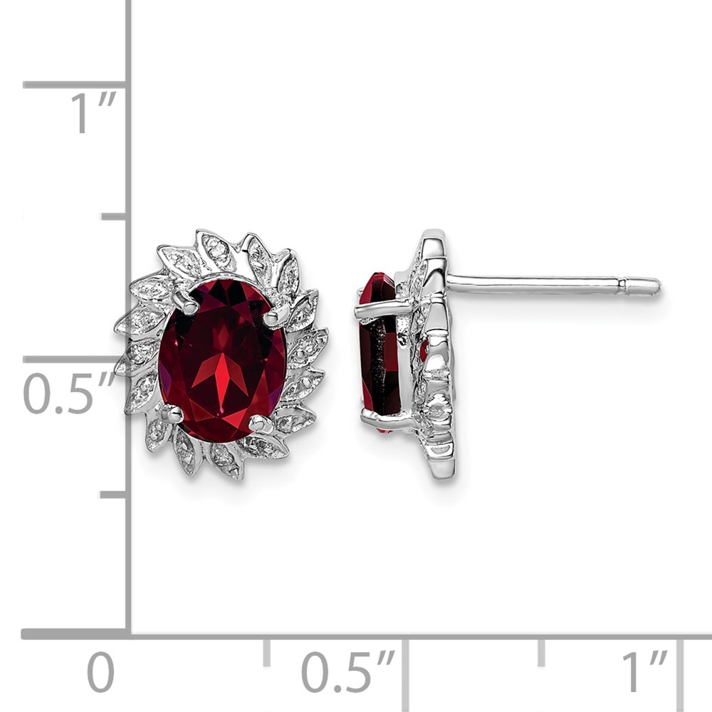 Sterling Silver Rhodium Plated Garnet and Diamond Post Earrings (QDX623)