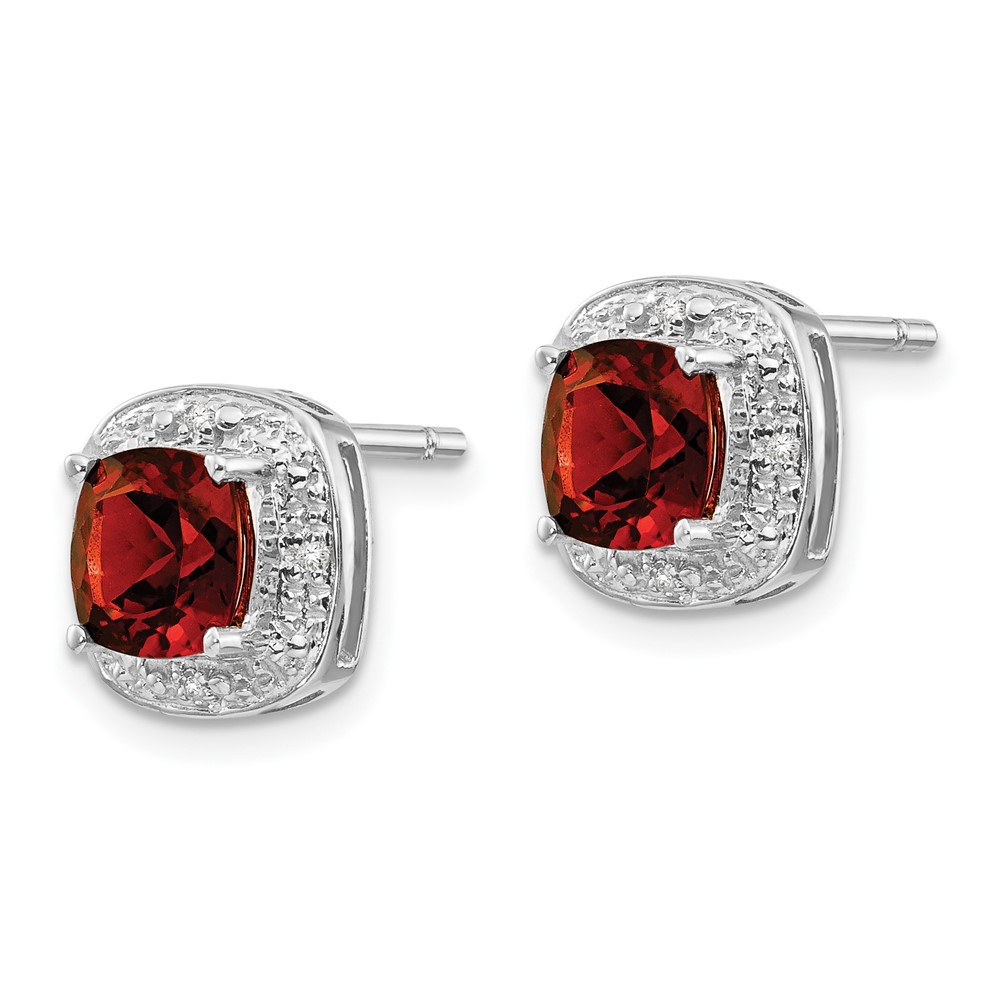 Sterling Silver Rhodium Plated Garnet and Diamond Post Earrings (QDX624)