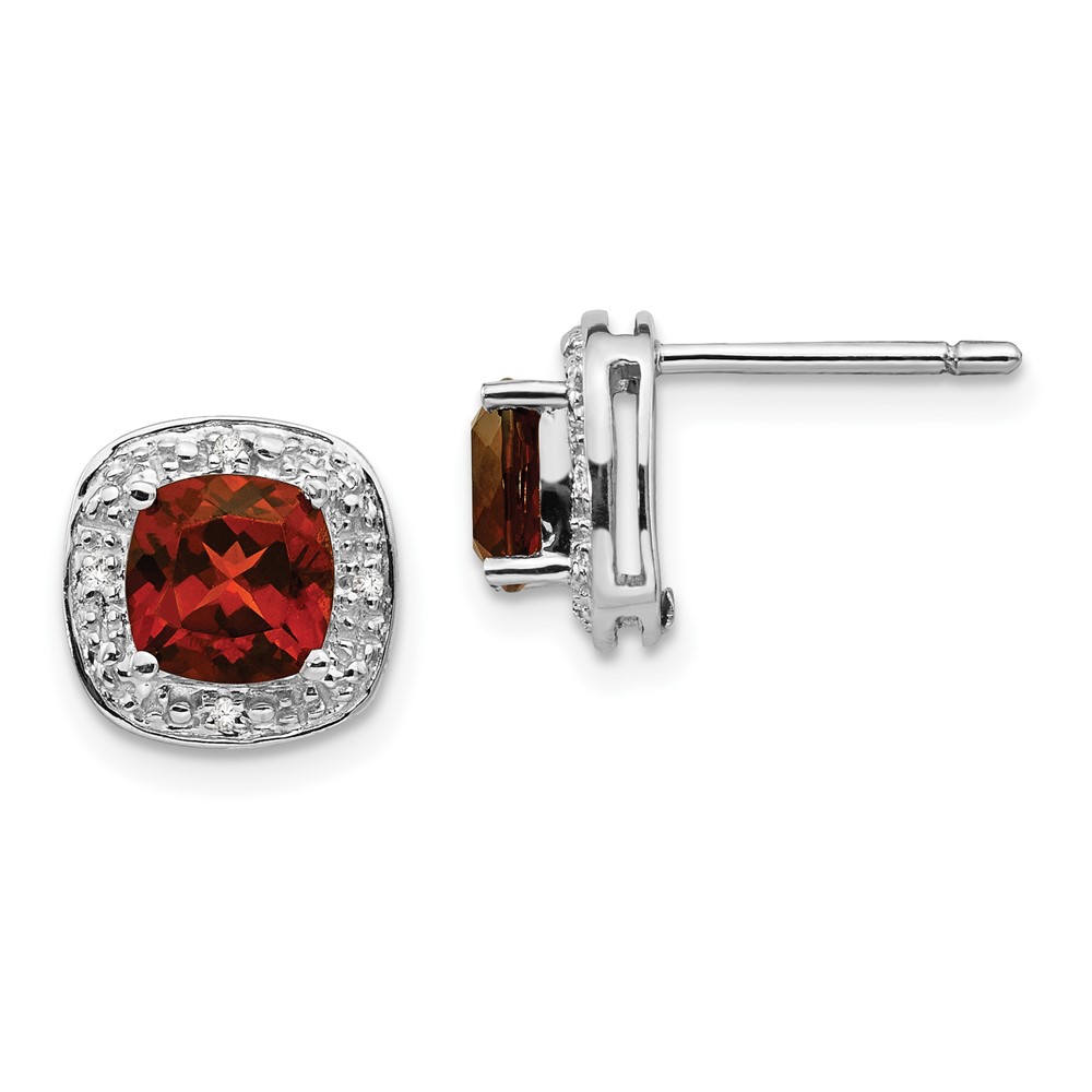 Sterling Silver Rhodium Plated Garnet and Diamond Post Earrings (QDX624)