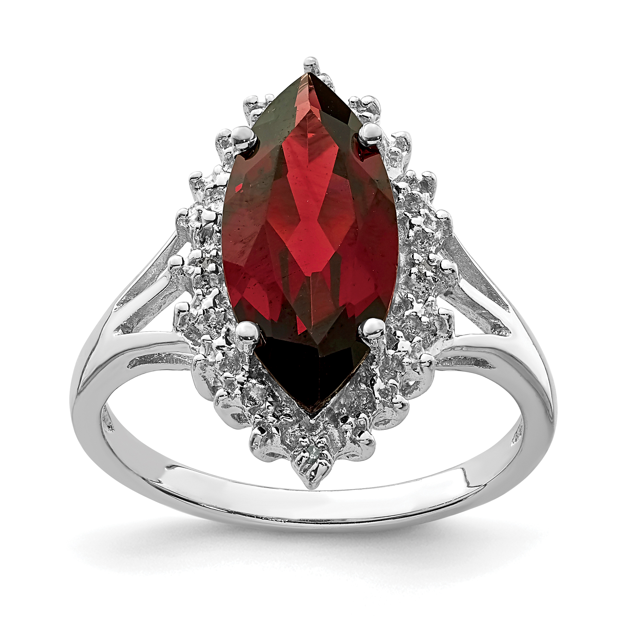 Sterling Silver Rhodium Garnet Diamond Ring (QDX627-6)