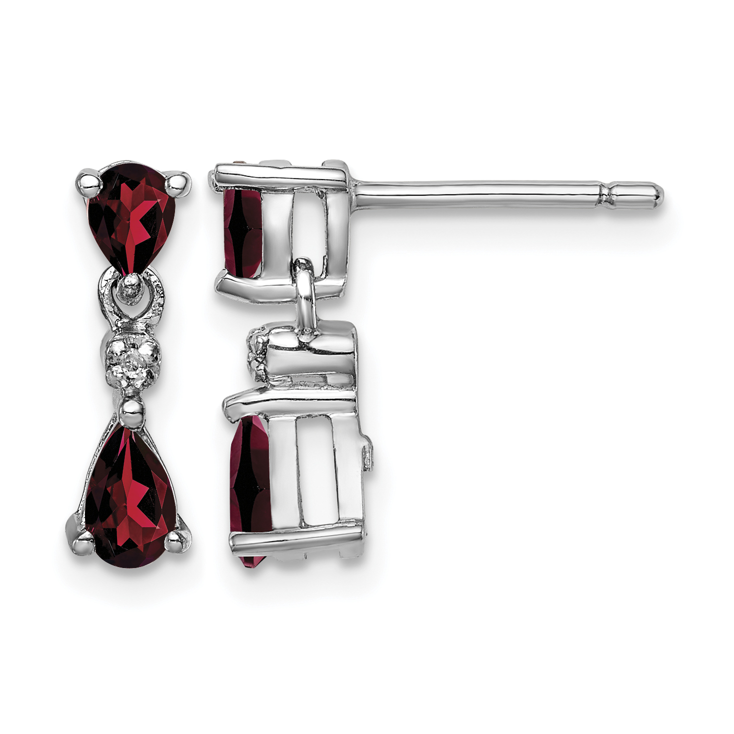 Sterling Silver Rhodium Pear Garnet and Diamond Post Earrings (QDX632)