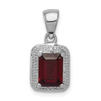 Sterling Silver Rhodium Emerald-cut Garnet & Diamond Pendant view 1