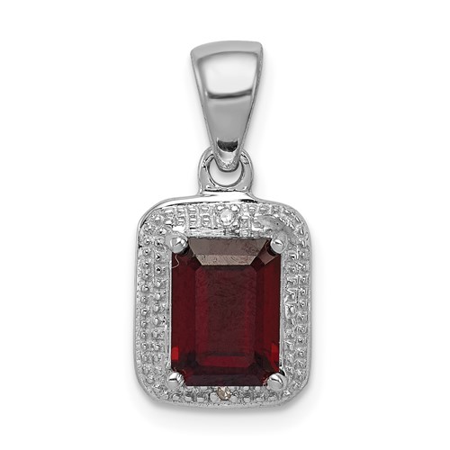 Sterling Silver Rhodium Emerald-cut Garnet & Diamond Pendant