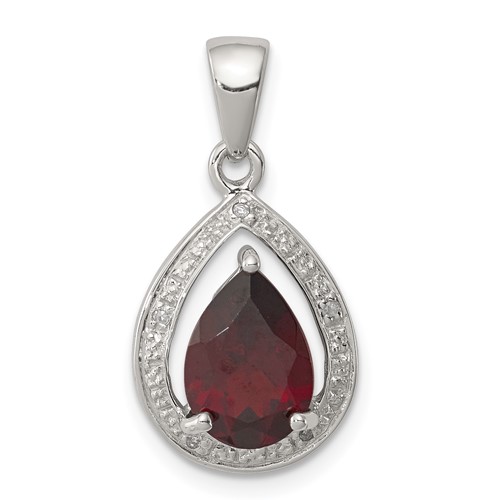 Sterling Silver Rhodium Garnet & Diamond Pendant