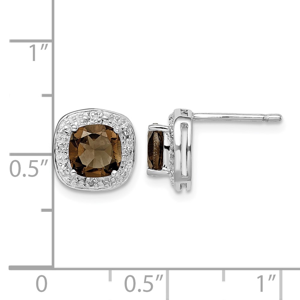 Sterling Silver Rhodium Plated Smoky Quartz and Diamond Post Earrings (QDX667)