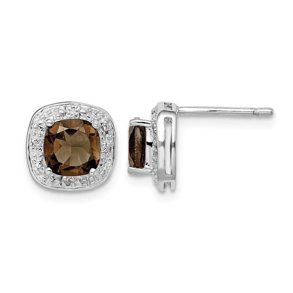 Sterling Silver Rhodium Plated Smoky Quartz and Diamond Post Earrings (QDX667)