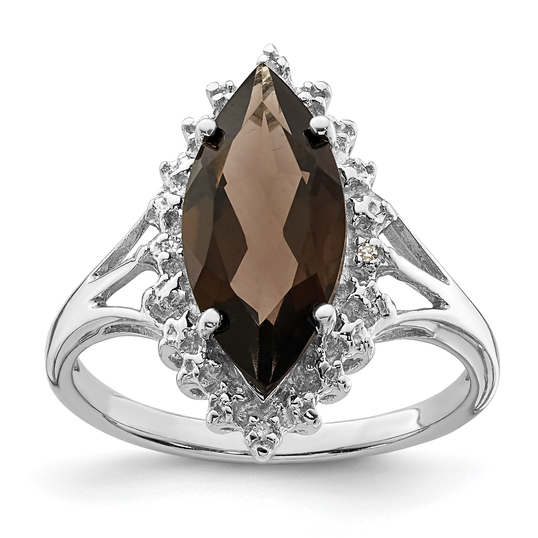 Sterling Silver Rhodium Smoky Quartz Diamond Ring (QDX670-7)