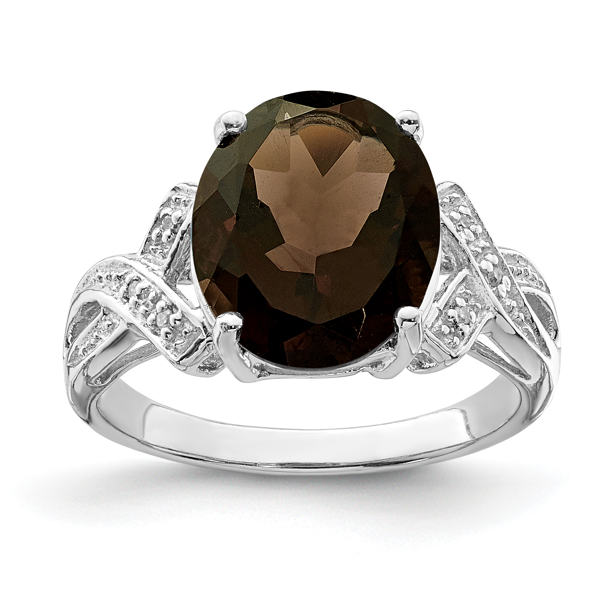 Sterling Silver Rhodium Smoky Quartz Diamond Ring (QDX694-6)