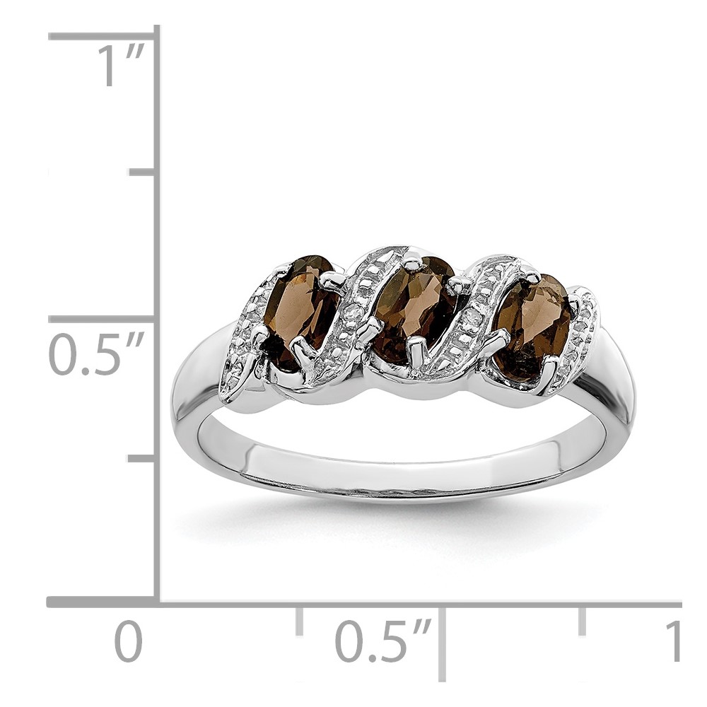 Sterling Silver Rhodium 3 Stone Smoky Quartz & Diamond Ring (QDX702-8)