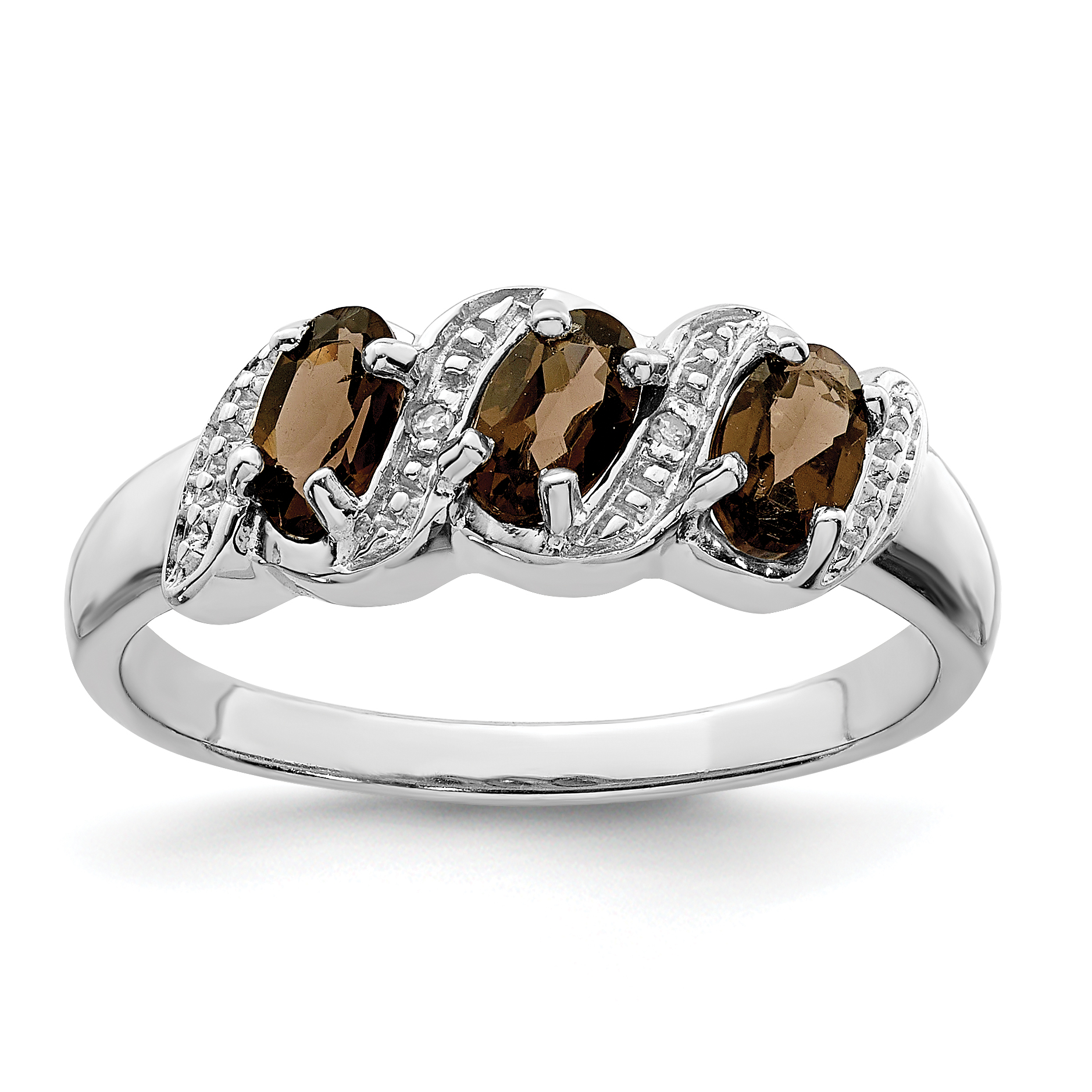 Sterling Silver Rhodium 3 Stone Smoky Quartz & Diamond Ring (QDX702-8)