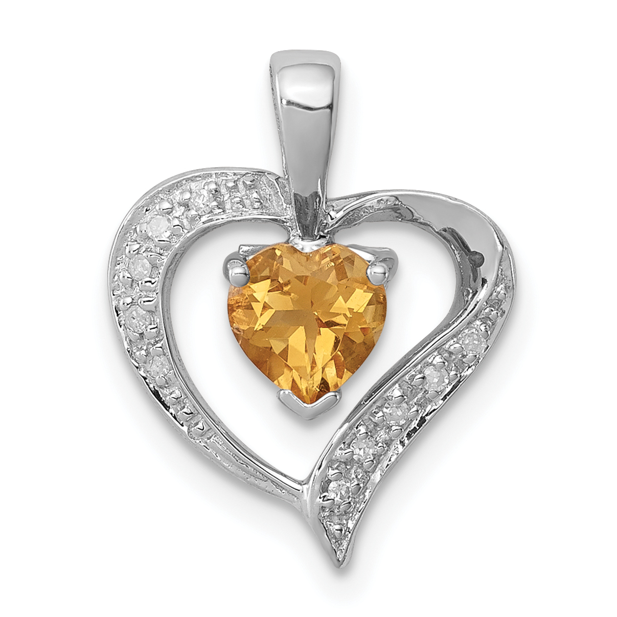 Sterling Silver Rhodium Heart Citrine & Diamond Heart Pendant (QDX723)