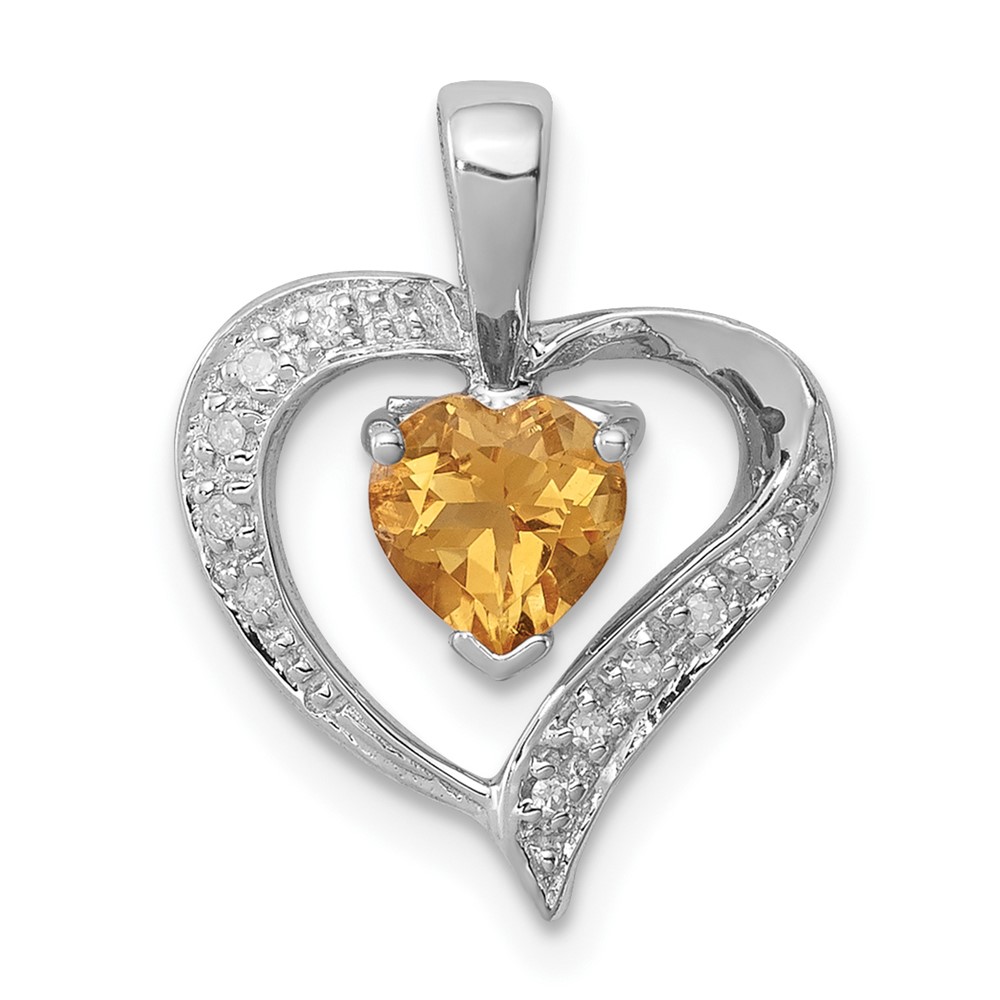 Sterling Silver Rhodium Heart Citrine & Diamond Heart Pendant (QDX723)