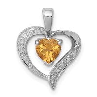 Sterling Silver Rhodium Heart Citrine & Diamond Heart Pendant view 1