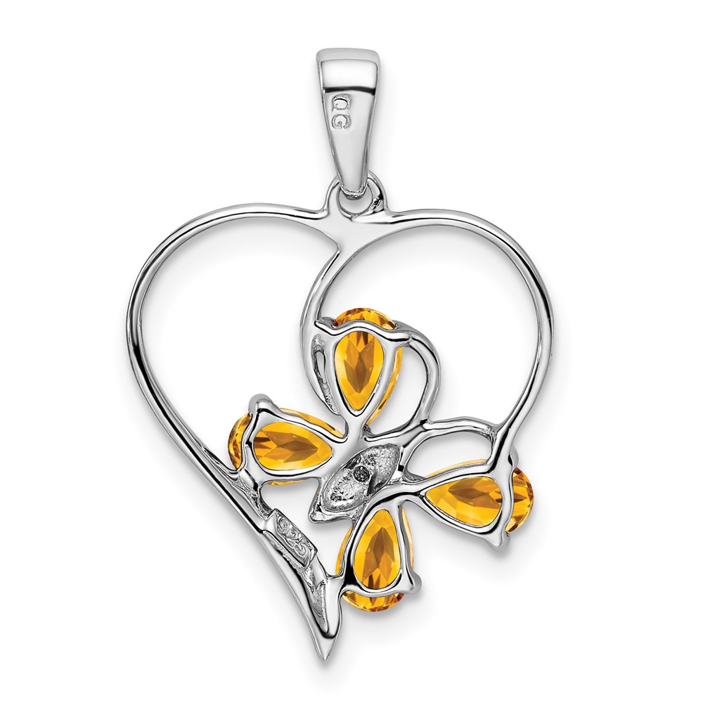 Sterling Silver Rhodium Citrine & Diamond Butterfly Heart Pendant (QDX752)