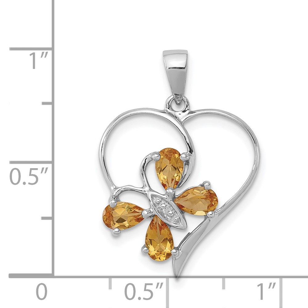 Sterling Silver Rhodium Citrine & Diamond Butterfly Heart Pendant (QDX752)