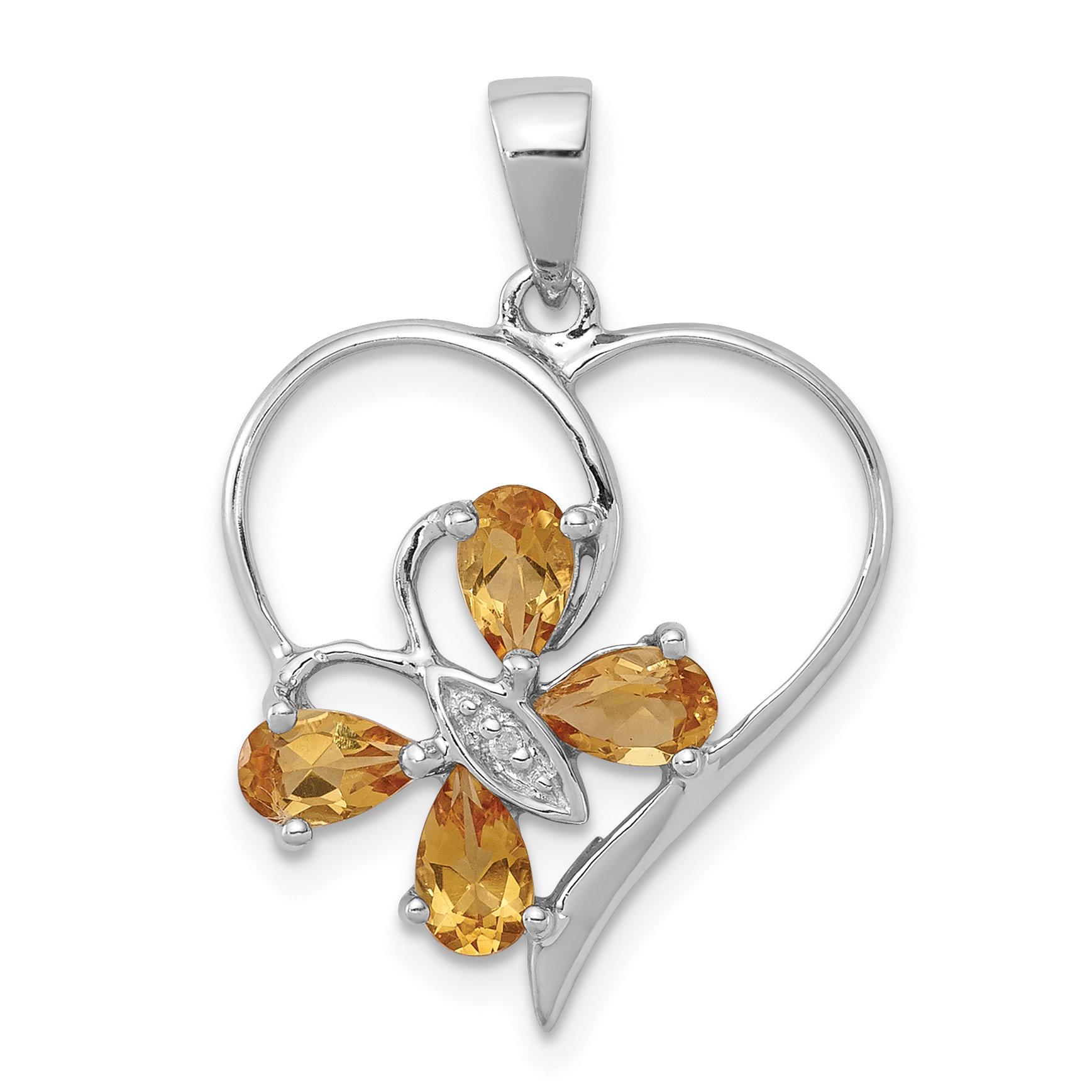 Sterling Silver Rhodium Citrine & Diamond Butterfly Heart Pendant (QDX752)
