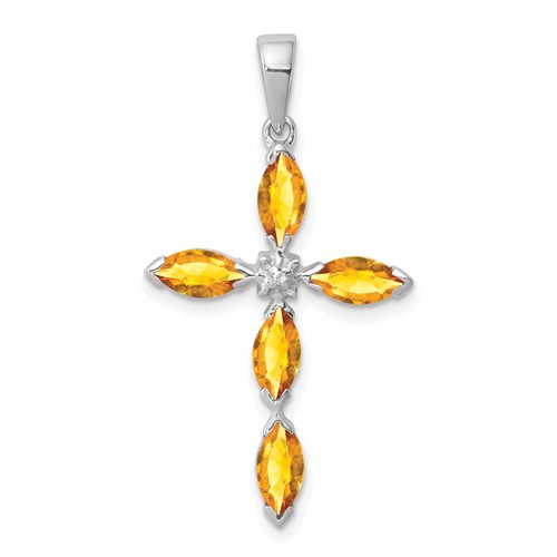 Sterling Silver Rhodium Citrine & Diamond Cross Pendant