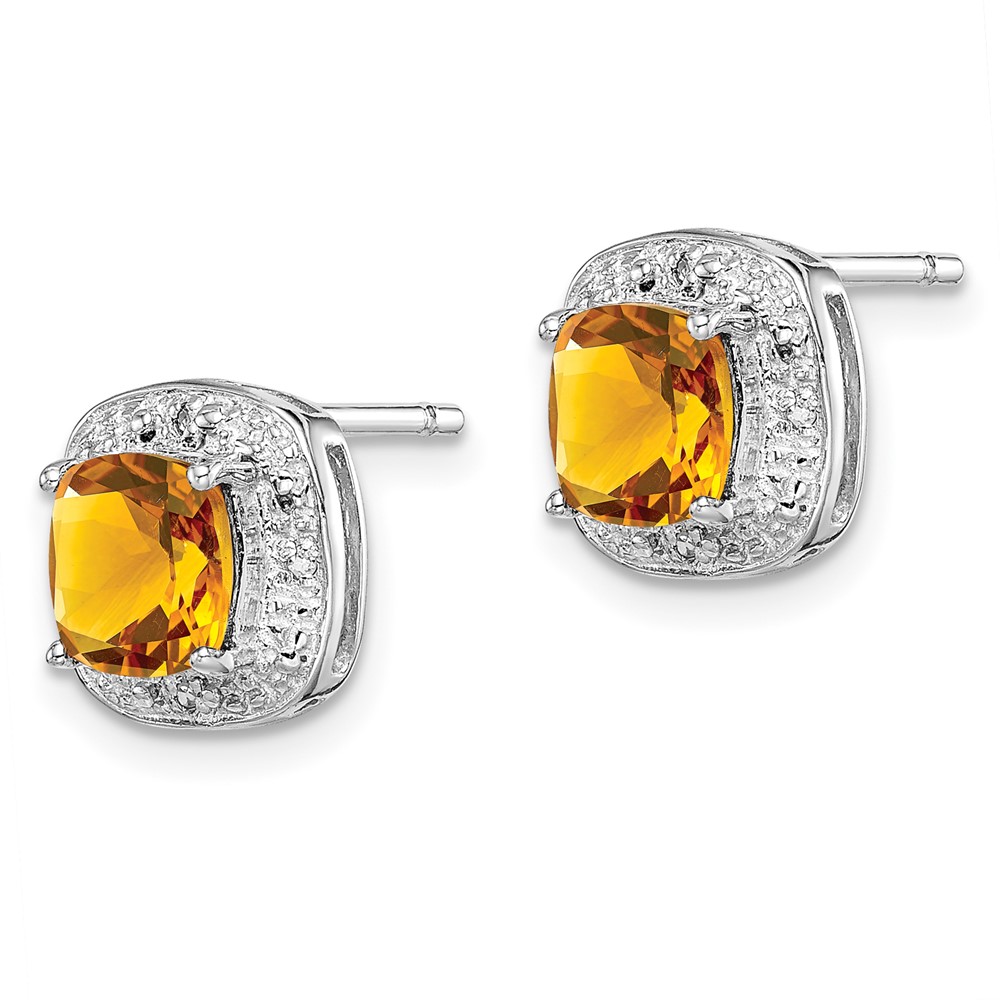 Sterling Silver Rhodium Plated Citrine and Diamond Post Earrings (QDX769)