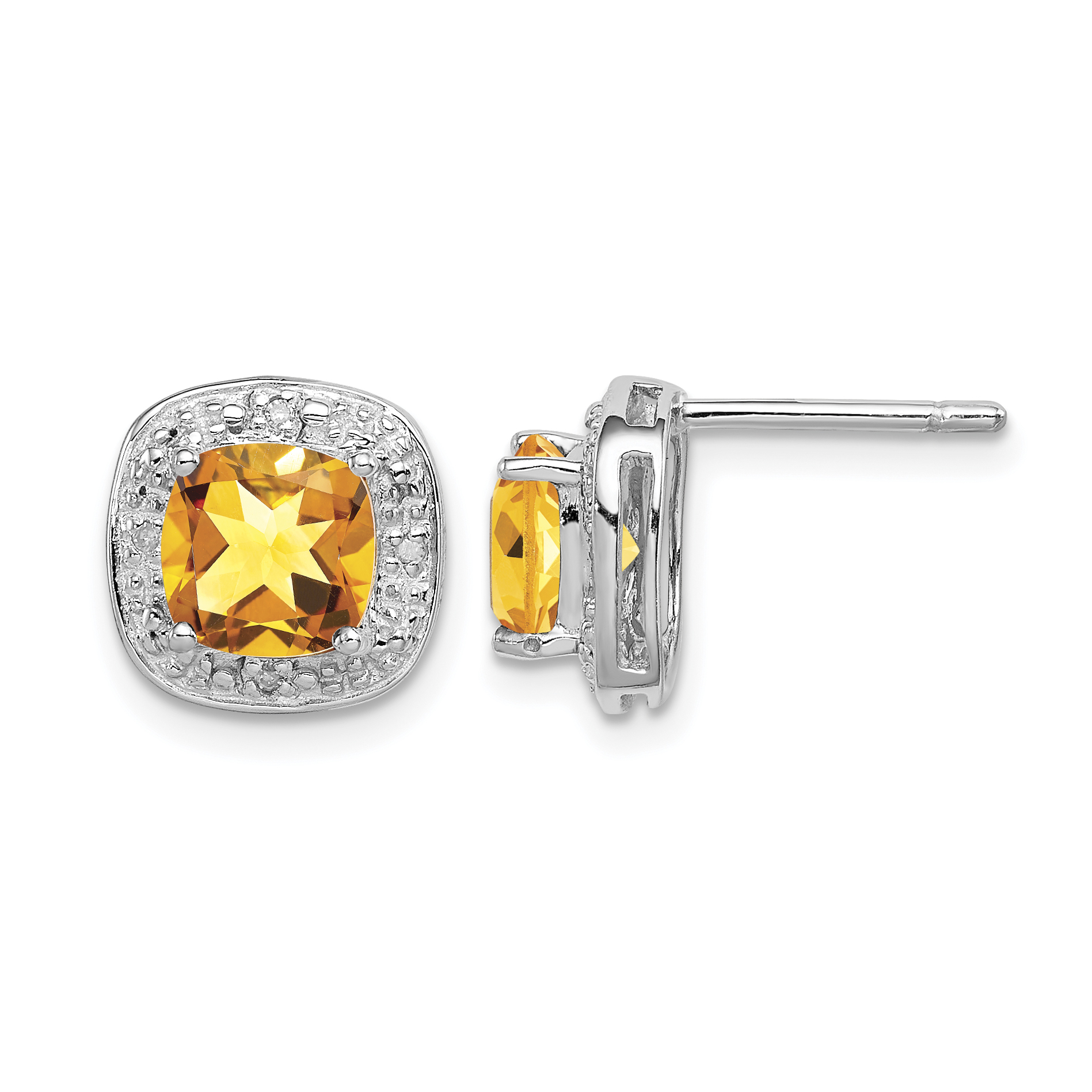 Sterling Silver Rhodium Plated Citrine and Diamond Post Earrings (QDX769)