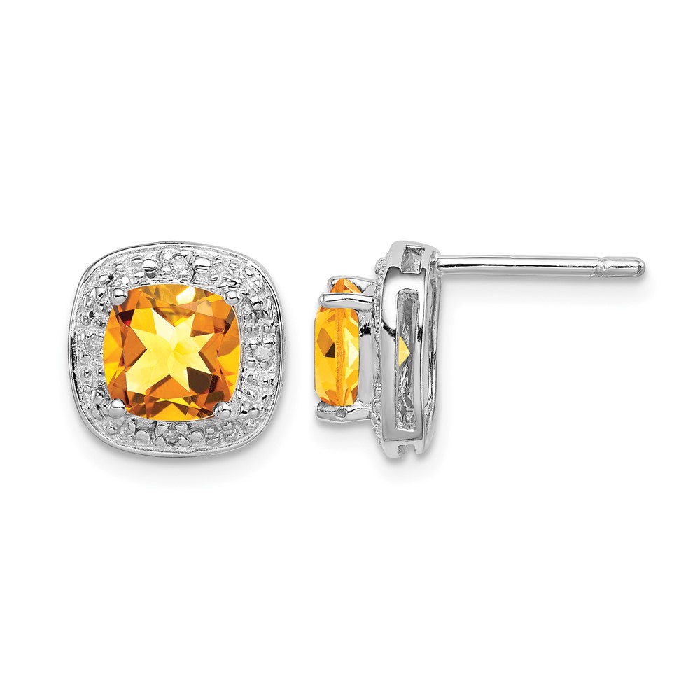 Sterling Silver Rhodium Plated Citrine and Diamond Post Earrings (QDX769)