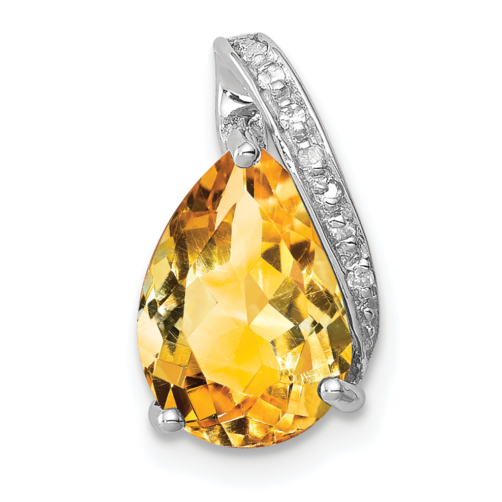Sterling Silver Rhodium Pear Citrine Pendant (QDX775)