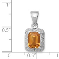 Sterling Silver Rhodium Emerald-cut Citrine & Diamond Pendant view 3