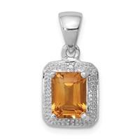 Sterling Silver Rhodium Emerald-cut Citrine & Diamond Pendant view 1