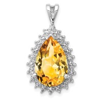 Sterling Silver Rhodium Citrine & Diamond Pear Pendant view 1