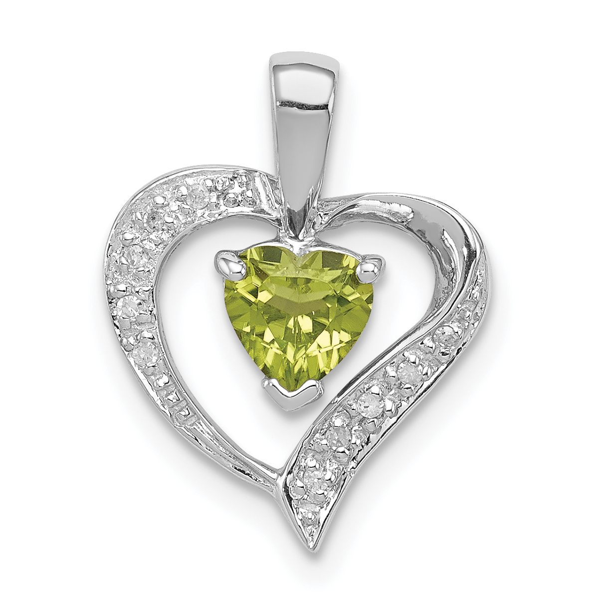 Sterling Silver Rhodium Plated Peridot and Diamond Heart Pendant (QDX803)