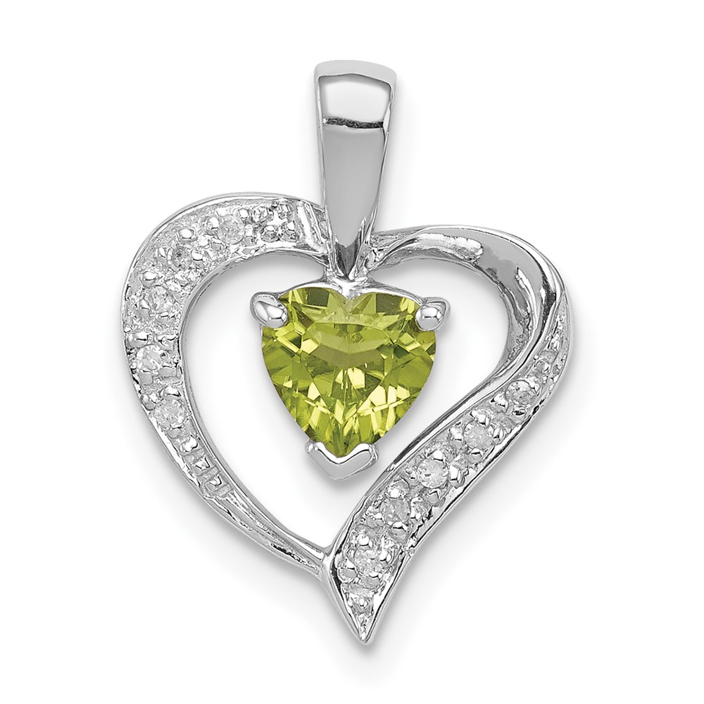 Sterling Silver Rhodium Plated Peridot and Diamond Heart Pendant (QDX803)