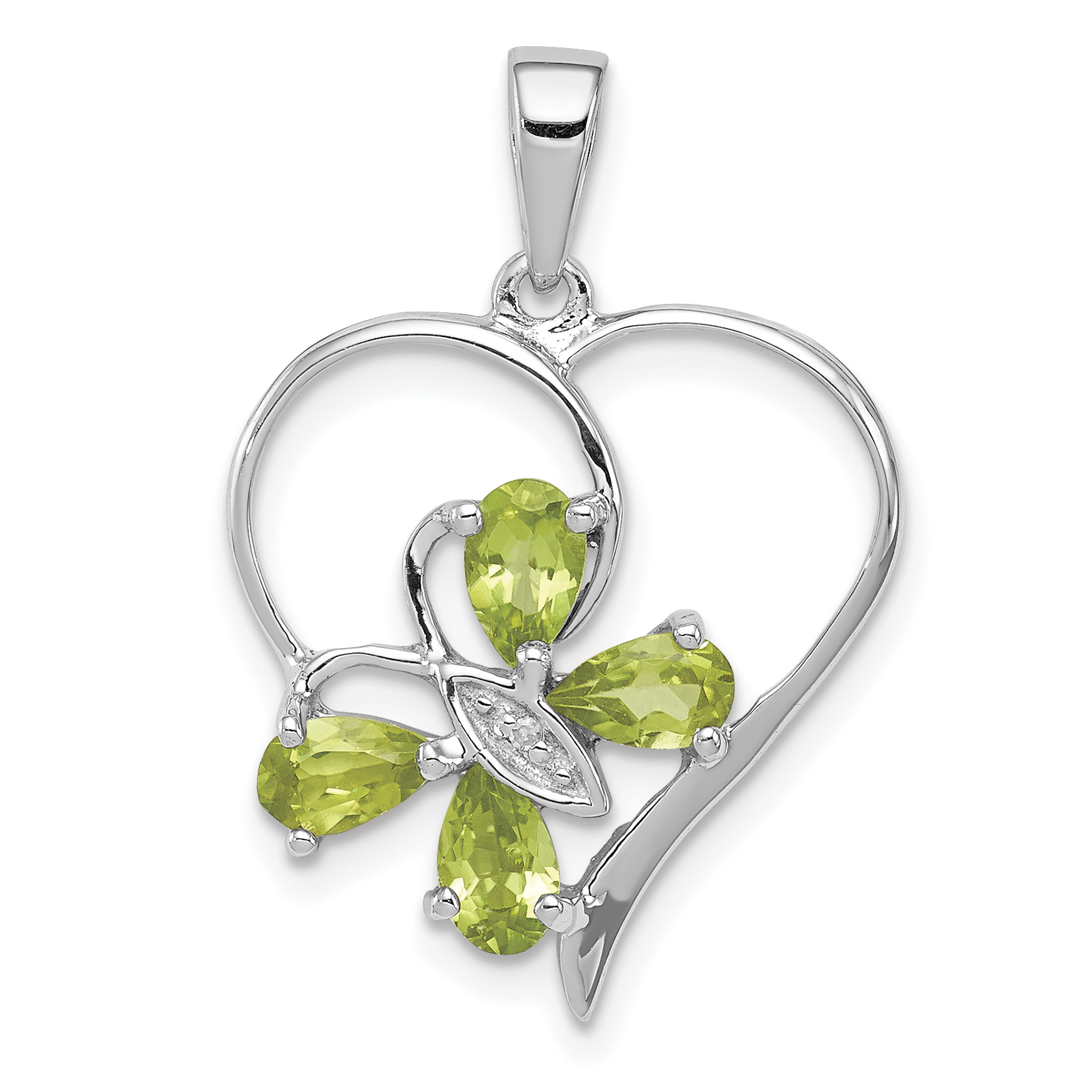 Sterling Silver RH Plated Peridot and Diamond Butterfly Heart Pendant (QDX806)