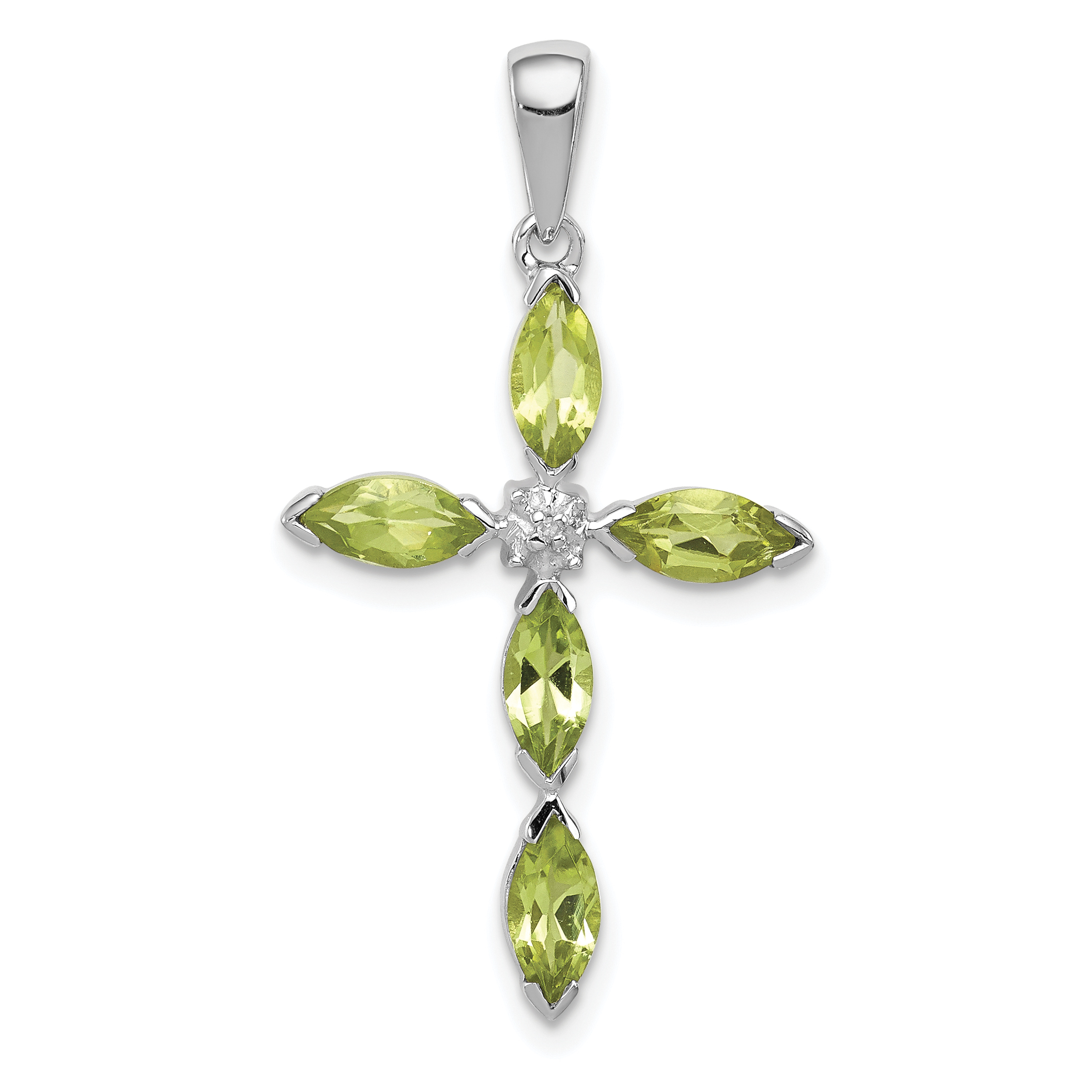 Sterling Silver Rhodium Plated Peridot and Diamond Cross Pendant (QDX813)