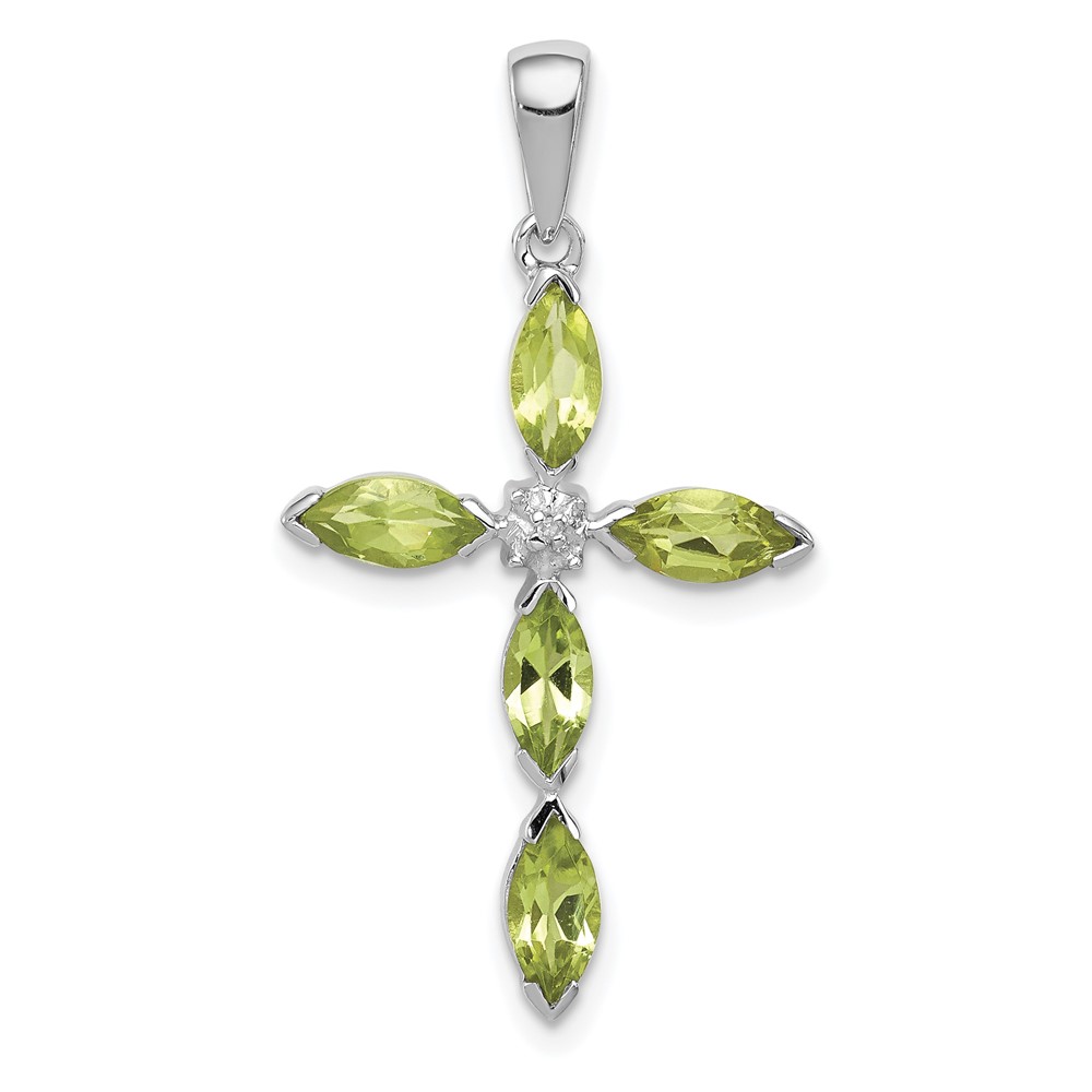 Sterling Silver Rhodium Plated Peridot and Diamond Cross Pendant (QDX813)