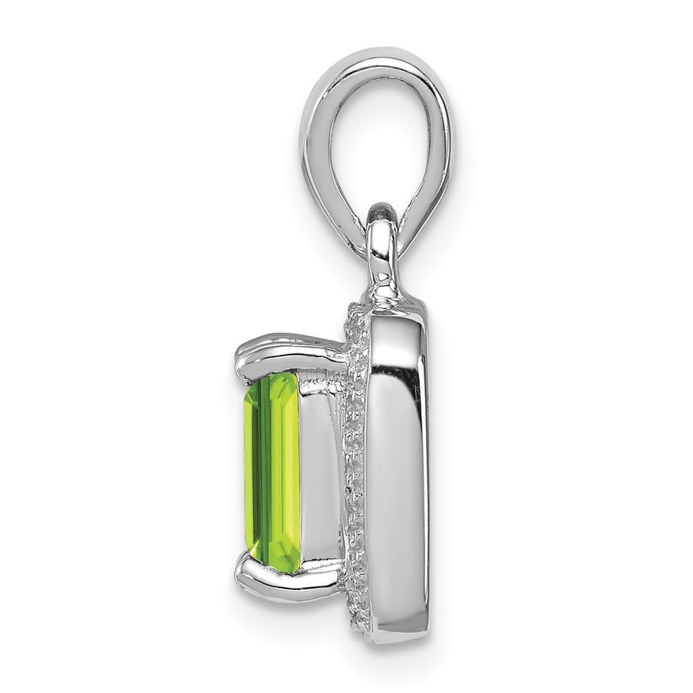 Sterling Silver Rhodium Plated Emerald-cut Peridot and Diamond Pendant (QDX814)
