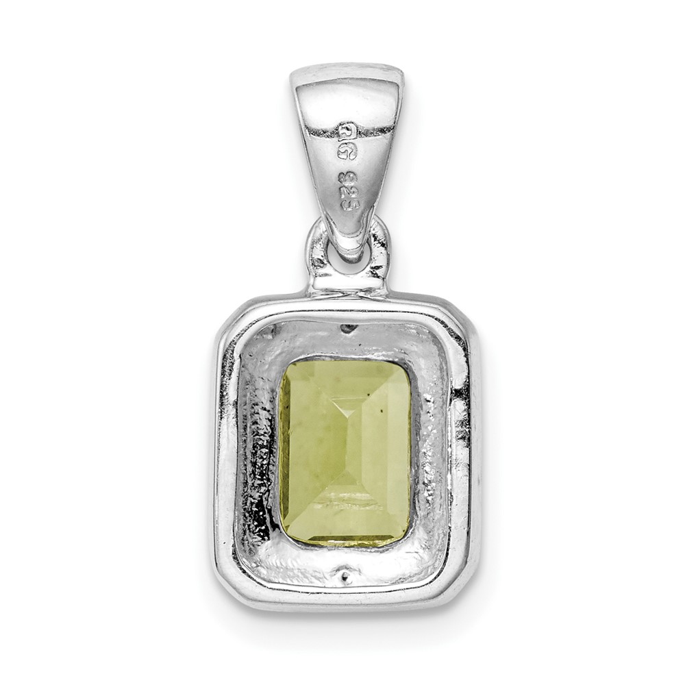 Sterling Silver Rhodium Plated Emerald-cut Peridot and Diamond Pendant (QDX814)