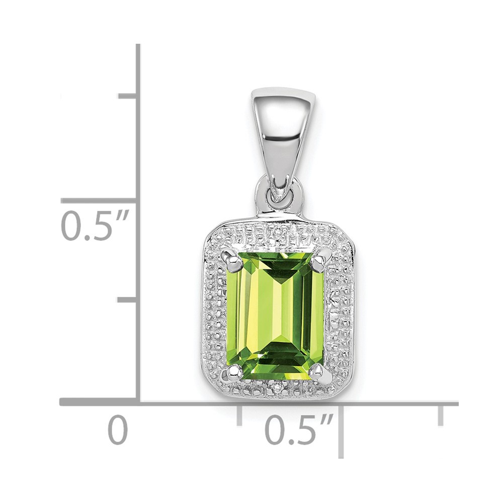 Sterling Silver Rhodium Plated Emerald-cut Peridot and Diamond Pendant (QDX814)