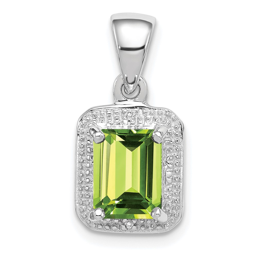 Sterling Silver Rhodium Plated Emerald-cut Peridot and Diamond Pendant (QDX814)