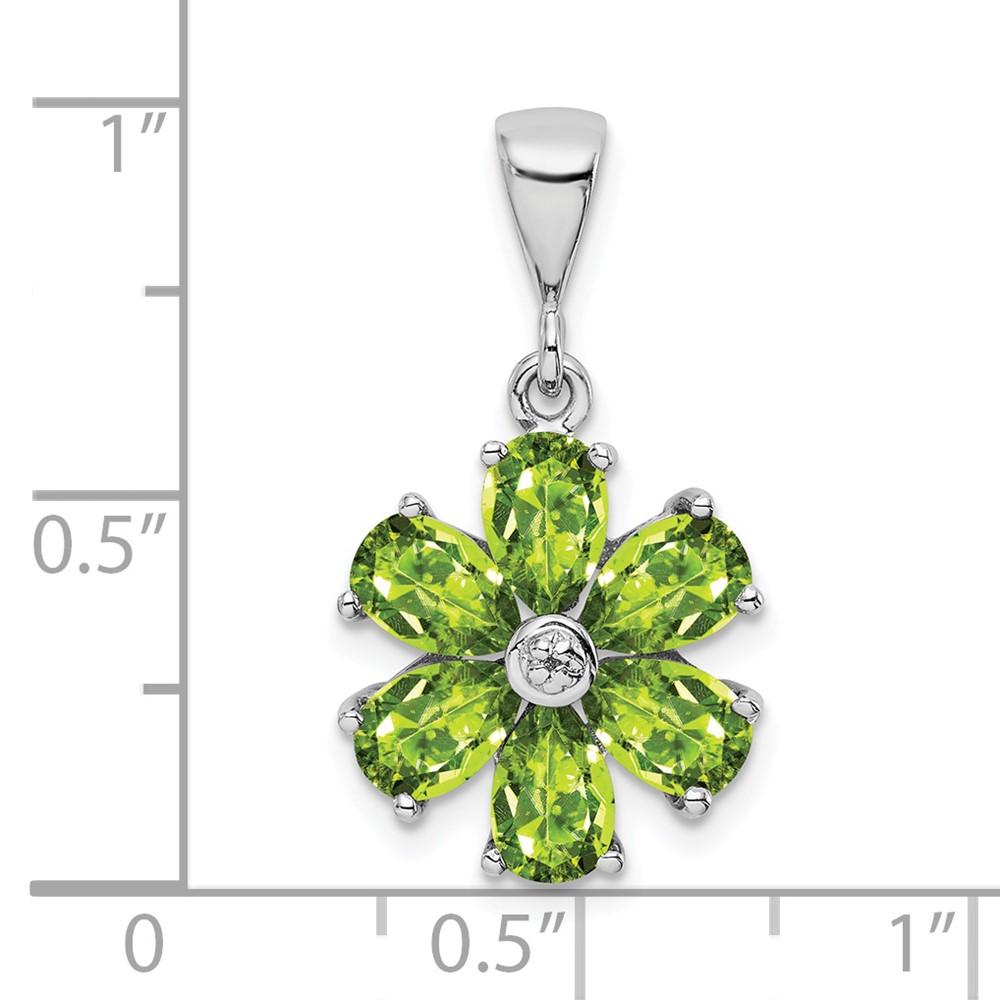 Sterling Silver Rhodium Plated Peridot and Diamond Flower Pendant (QDX816)
