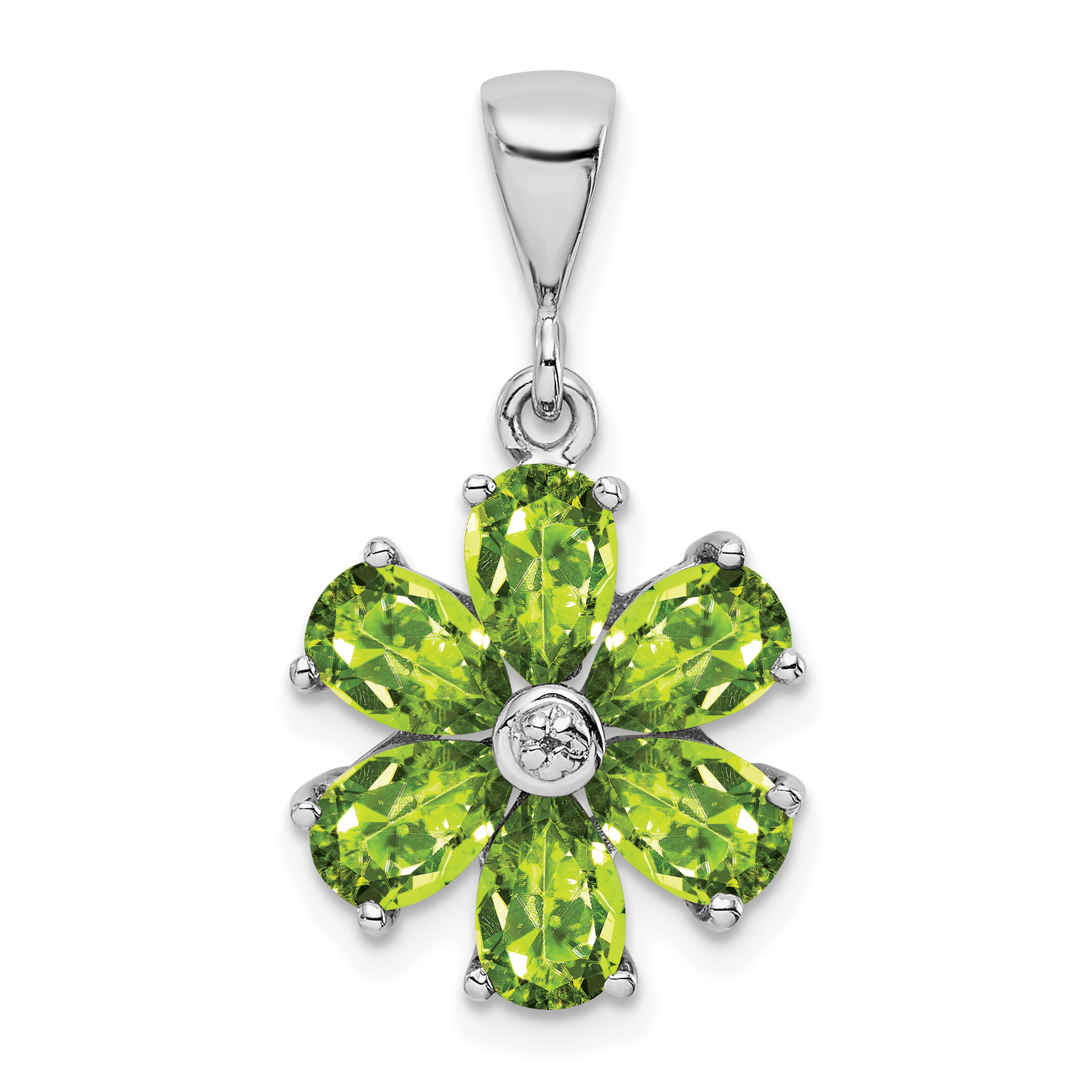 Sterling Silver Rhodium Plated Peridot and Diamond Flower Pendant (QDX816)