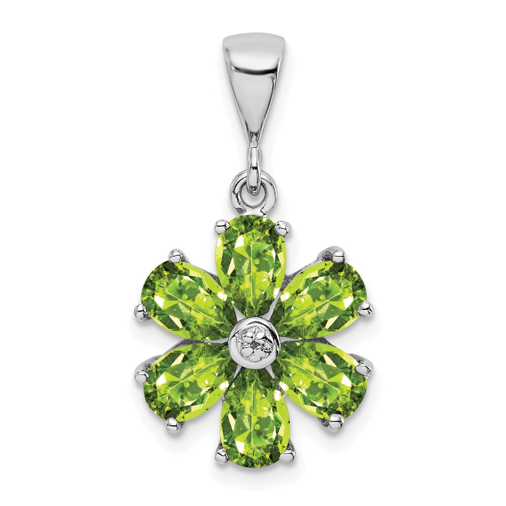 Sterling Silver Rhodium Plated Peridot and Diamond Flower Pendant (QDX816)