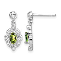 Sterling Silver Rhodium Plated Peridot and Diamond Post Earrings view 1