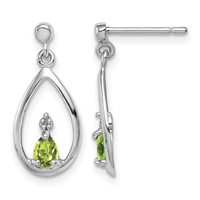 Sterling Silver Rhodium Plated Pear Peridot and Diamond Post Earrings view 1