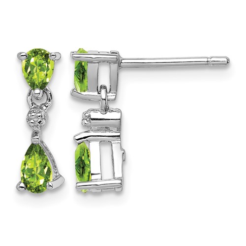 Sterling Silver Rhodium Plated Pear Peridot and Diamond Post Earrings