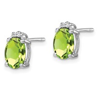 Sterling Silver Rhodium Plated Oval Peridot and Diamond Post Earrings view 2