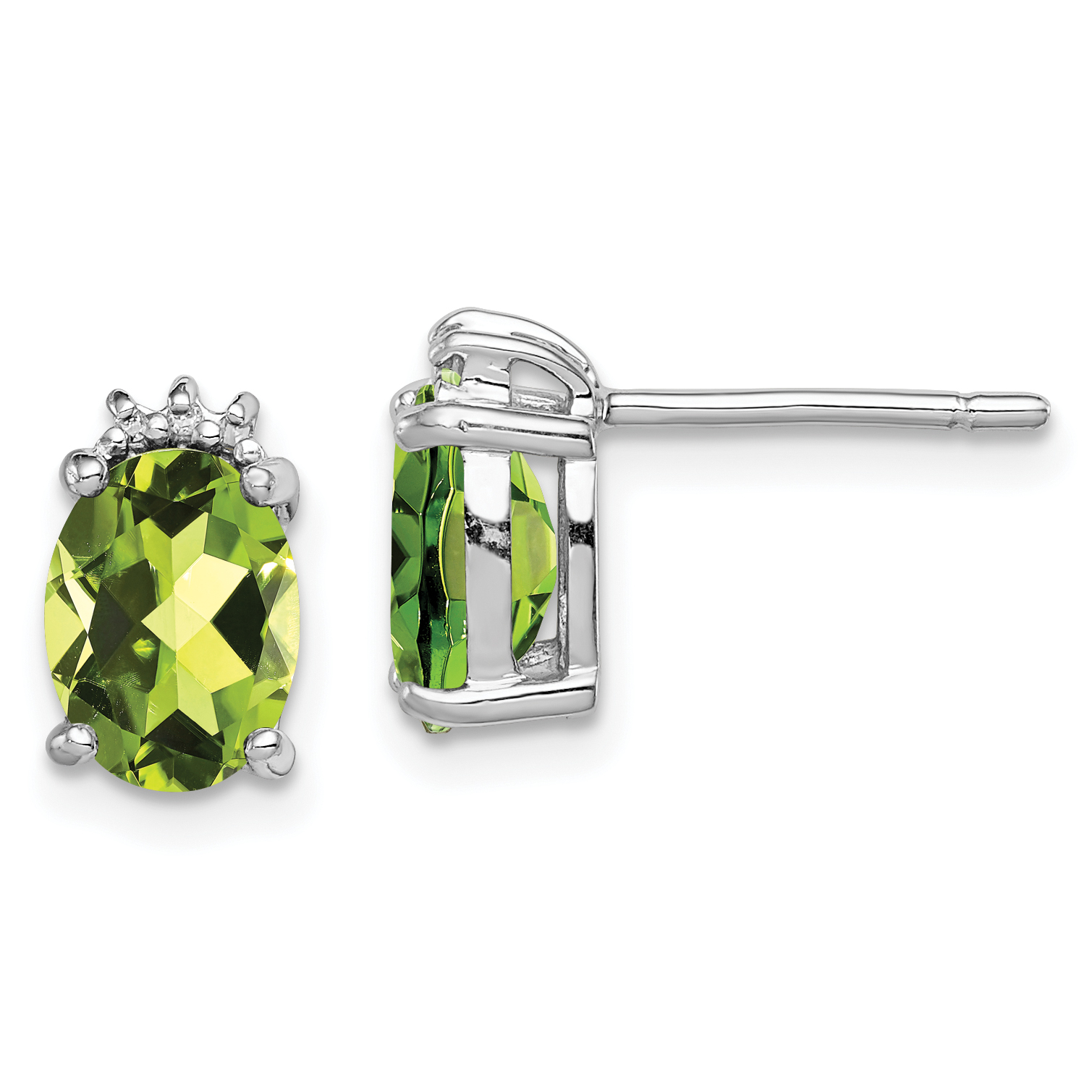 Sterling Silver Rhodium Plated Oval Peridot and Diamond Post Earrings (QDX828)
