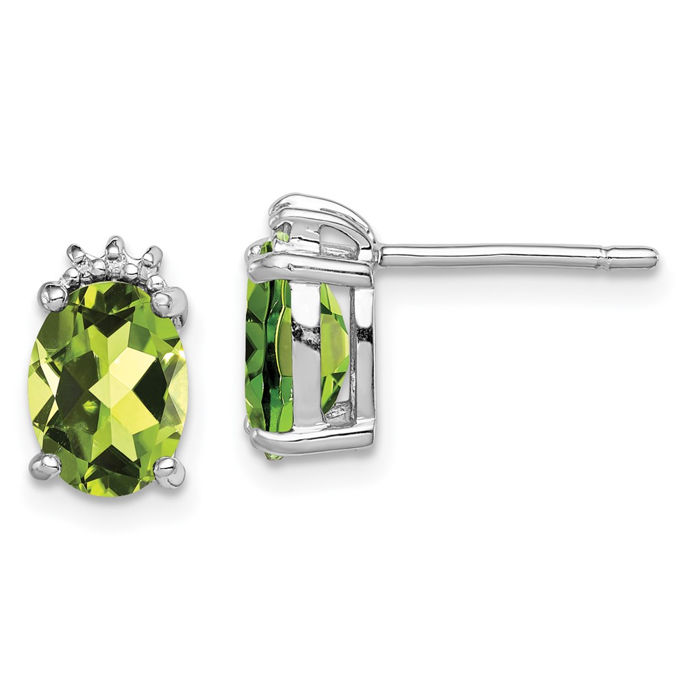 Sterling Silver Rhodium Plated Oval Peridot and Diamond Post Earrings (QDX828)